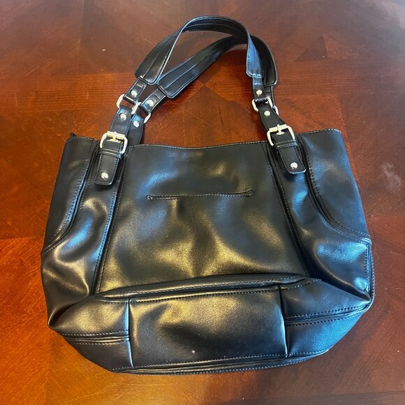 Nine West Black Faux Leather Tote Bag Dual Handles‎ Leopard Print Lining handbag - Picture 3 of 10